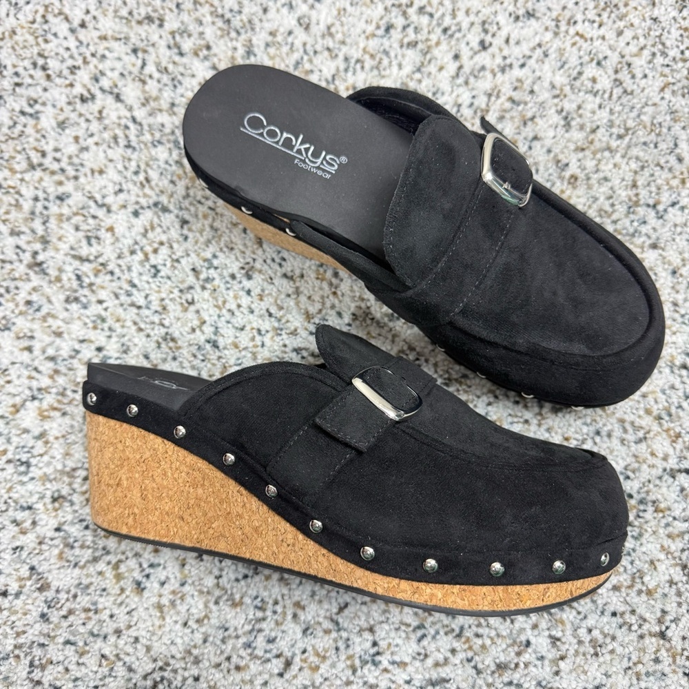 Corkys Black Suede Wedge Clogs Womens 7.5 All Get Out Studded Boho Y2K Chunky
